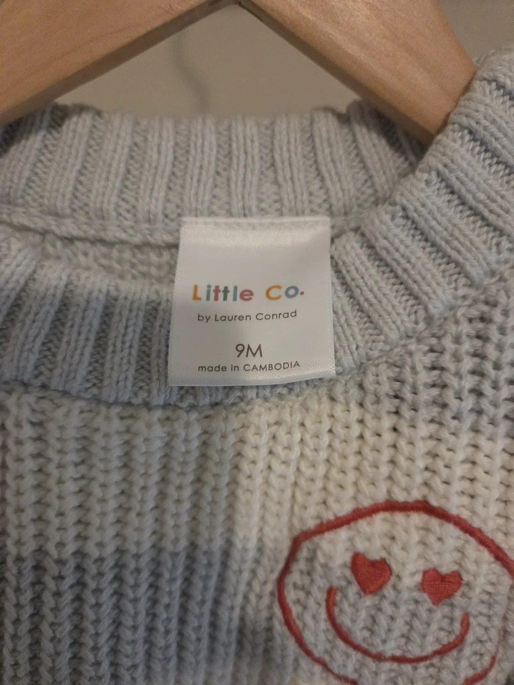 Baby 9M Striped Light Blue & Cream Knit Sweater with Red Smiley Patch